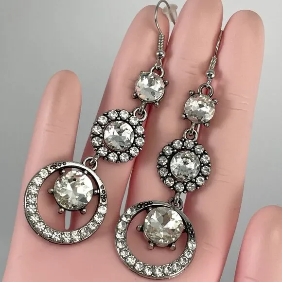 Silver Tone Boho Dangle Earrings White Glass Halo Round Rhinestones Bling - Picture 4 of 7